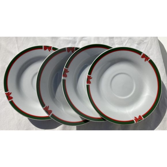 Set (4) Ribbons & Tree Christmas Green & Red Border w/ Bows 6" Porcelain Saucers - Picture 1 of 8